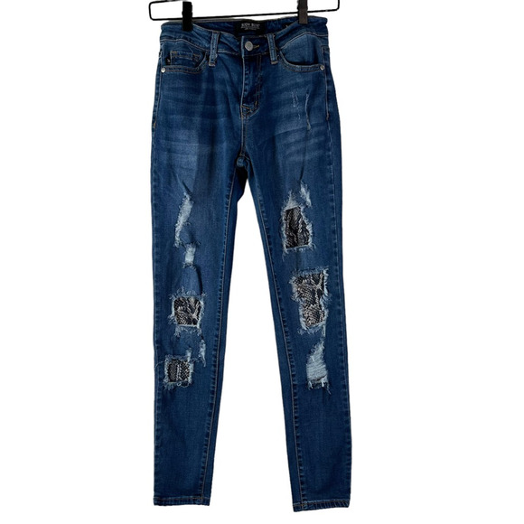 Judy Blue Denim - Judy Blue Womens Skinny Jeans Distressed Medium Wash Snakeprint Patch Juniors 3